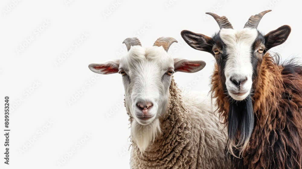 Two goats with varying coats, one white and brown, against background Two goats with varying coats, one white and brown, against background
