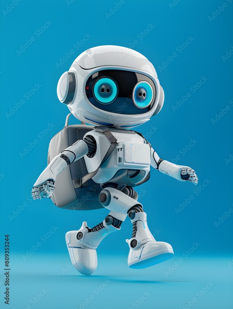 In a scene filled with excitement, a smiling little bot carries a backpack against a blue isolated background, symbolizing the anticipation of embarking on a new academic journey In a scene filled with excitement, a smiling little bot carries a backpack against a blue isolated background, symbolizing the anticipation of embarking on a new academic journey