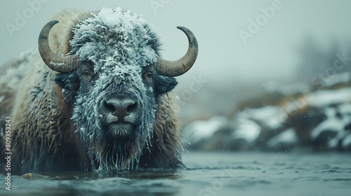 A large Muskox is standing in a river, with its horns sticking out of the water