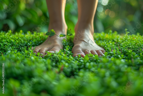 The soft, springy texture of fresh grass, tickling bare feet. Concept of outdoor recreation. Generative Ai. photo