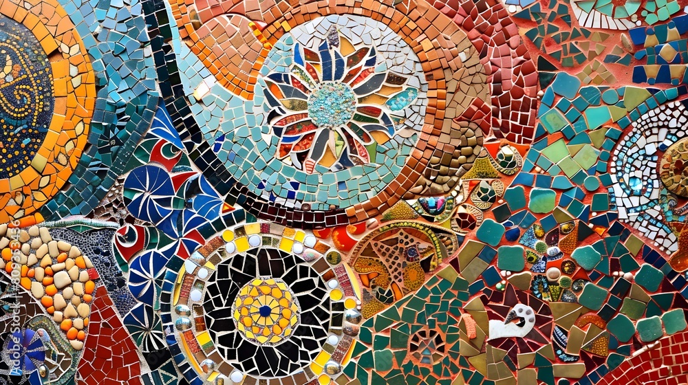 Hundreds of colorful tiles arranged in intricate patterns create a mesmerizing mosaic wall