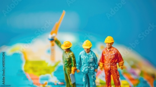 Miniature figurines of workers standing on globe map photo