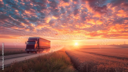 Truck hauling grain in colorful sunrise