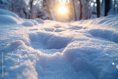 The crisp, crunchy texture of freshly fallen snow, softening underfoot. Concept of winter wonderland. Generative Ai. photo