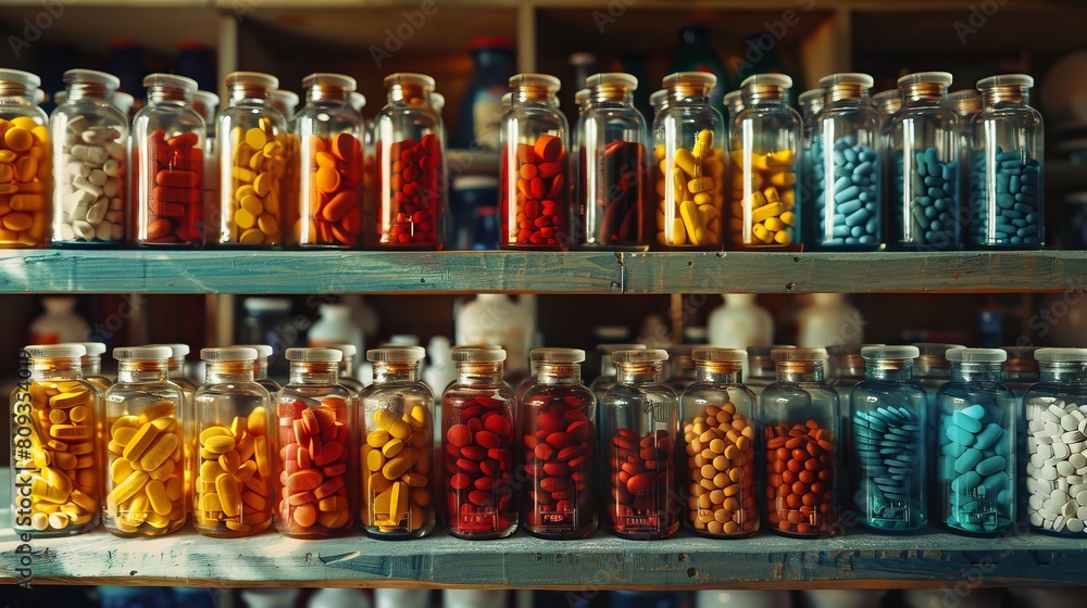 Array of pill bottles in different colors and types