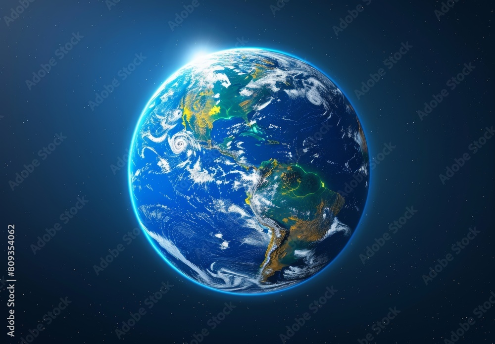 the earth from space, blue glow around the planet, realistic photography, blue background