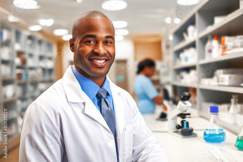 Portrait of smiling professional pharmacist, African American male, prepare medicine in pharmacy. Microscope, flasks on table, shelves with ingredients medications background. Concept health care