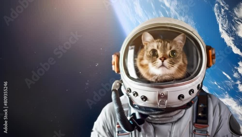 Curious cat suited up as an astronaut against a backdrop of Earth from space. The feline adventurer wears a customized space helmet, gazing out with anticipation. 