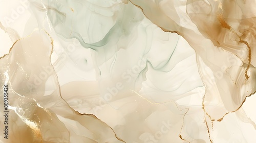 Brown beige and ivory liquid marble watercolor background with gold lines. Pastel elegant earth tone green minimal modern canvas wallpaper with paint brush pattern