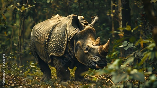 Rare Javan Rhino in Dense Forest photo