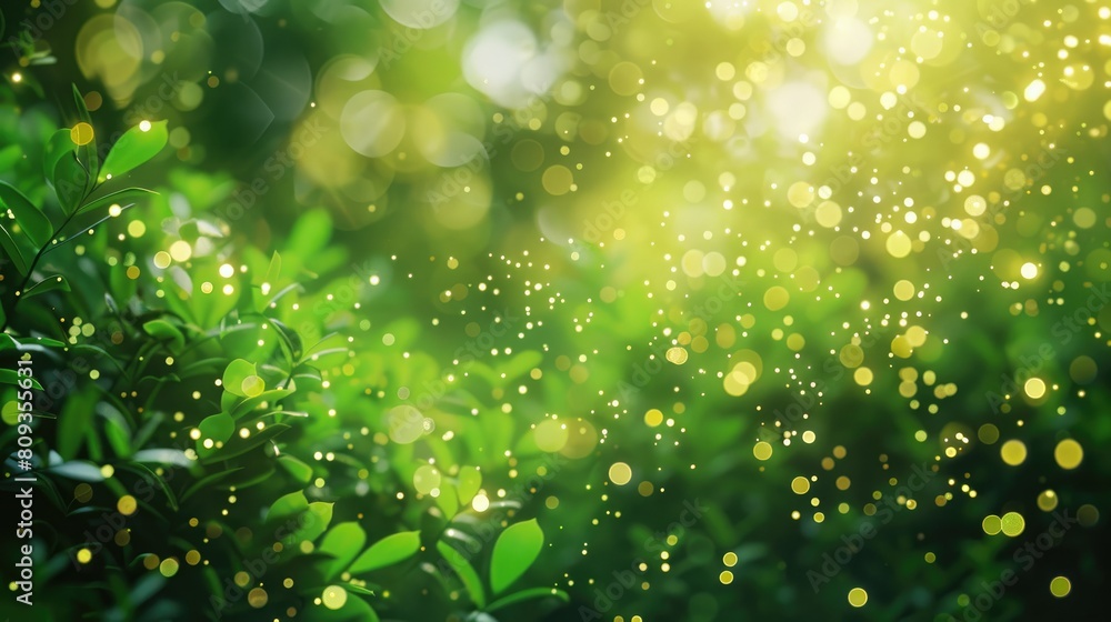 Fototapeta premium Spring themed green abstract background with blurred bokeh particles or glitter lights