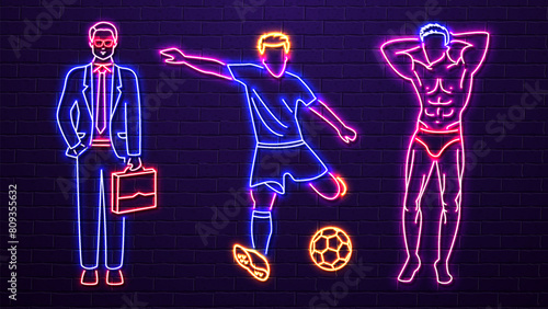 Neon silhouettes of men, a football player, a businessman and a stripper against a brick wall. Bright people.