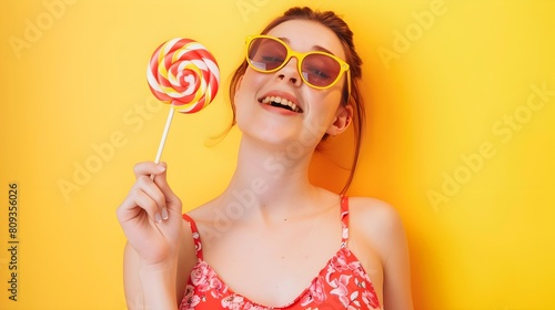 Beautiful young woman in sunglasses with sweet lollipop showing victory gesture on yellow background 