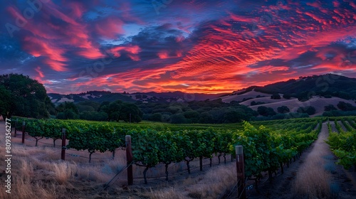 As the sun dips below the horizon  vibrant colors paint the sky over a lush vineyard nestled in the hills  creating a stunning display of natural beauty