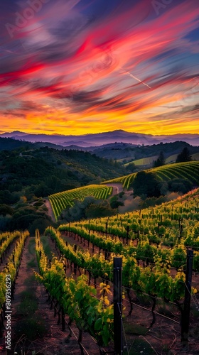 As the sun dips below the horizon  vibrant colors paint the sky over a lush vineyard nestled in the hills  creating a stunning display of natural beauty