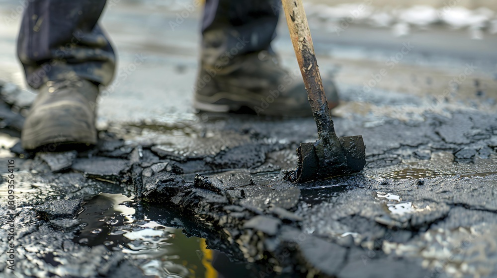 Applying tar sealant to fix fissures on pavement. Applying tar sealant to fix fissures on pavement.