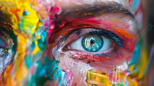 Close Up view of a persons face adorned with a multitude of colorful paint strokes, creating a captivating and artistic visual display