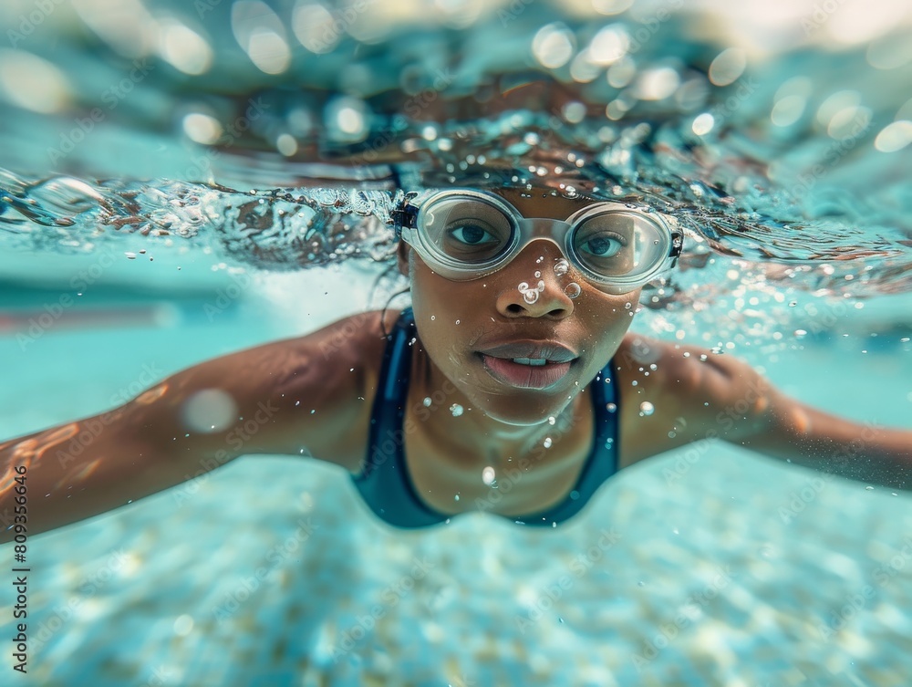 A black woman professional swimmer, sportsman in swimming pool