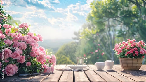 The terrace of the cottage, Pink carnation flowers dedicated to Mother's Day against the nature background
