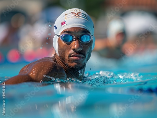 A black man professional swimmer, sportsman in swimming pool