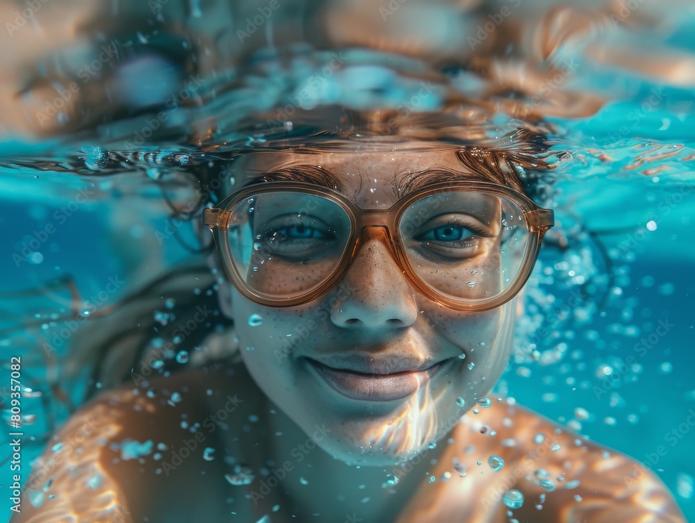 A girl, woman swimming and smiling underwater, swimming pool, ocean with diving goggles