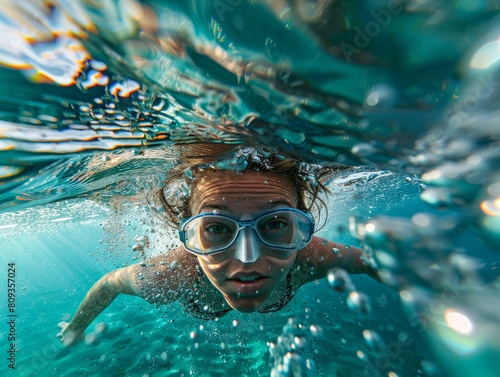 A girl, woman swimming and smiling underwater, swimming pool, ocean with diving goggles