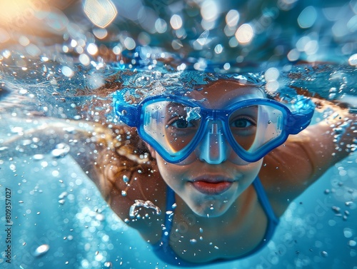 A girl, woman swimming and smiling underwater, swimming pool, ocean with blue diving goggles © Thibaut Design Prod.