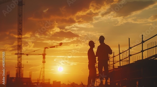 Silhouette of Engineer and worker checking project at building site background  construction site at sunset in evening time.