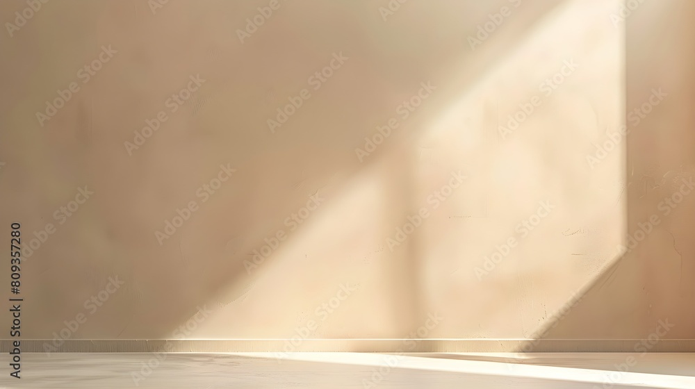 Obraz premium Abstract beige studio wall background for product presentation. Empty room with a light on the wall from the window. Display product with blurred backdrop.