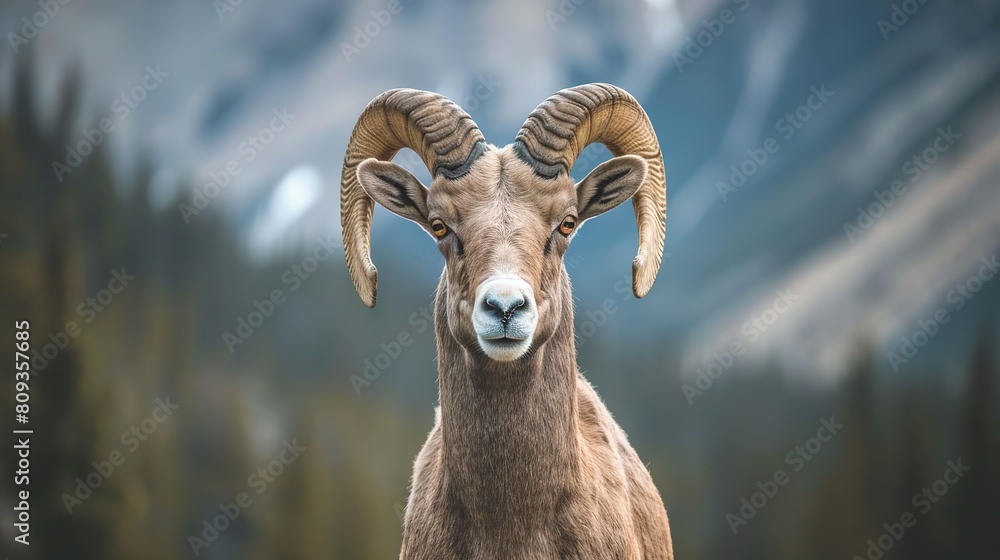 Standing BigHorn Sheep (Ovis canadensis) ram portrait. Canadian Rockies Jasper National Park landscape background. Nature scenery. Standing BigHorn Sheep (Ovis canadensis) ram portrait. Canadian Rockies Jasper National Park landscape background. Nature scenery.