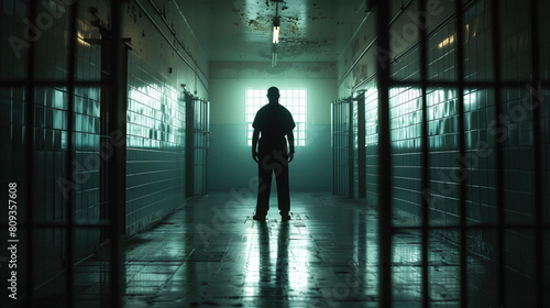 Backlit silhouette of a person at the end of a gloomy, eerie corridor in a prison setting