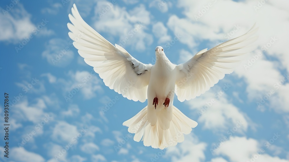 A white bird soars through the sky. White Pigeon a symbol of peace. A white bird soars through the sky. White Pigeon a symbol of peace.