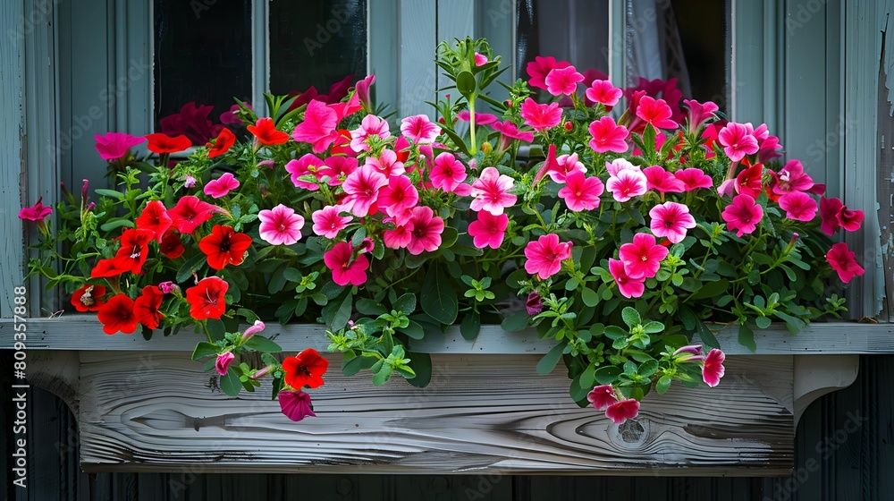 Fototapeta premium A vibrant window box bursting with pink and red flowers, showcasing natures beauty in full bloom