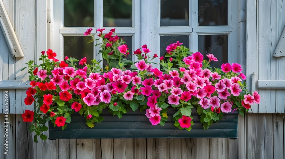 A vibrant window box bursting with pink and red flowers, showcasing natures beauty in full bloom