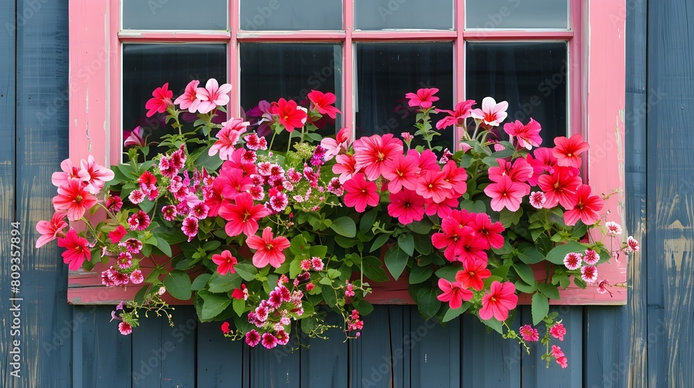 A vibrant window box bursting with pink and red flowers, showcasing natures beauty in full bloom