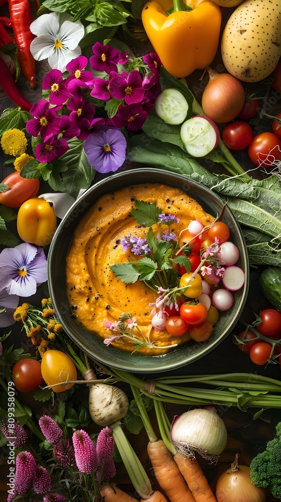 A vibrant bowl of dip surrounded by a colorful assortment of fresh vegetables and delicate flowers A vibrant bowl of dip surrounded by a colorful assortment of fresh vegetables and delicate flowers