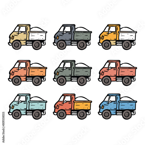 Hand drawn colorful mini trucks. Cartoon style delivery vehicles, multiple colors. Transportation cargo trucks icons
