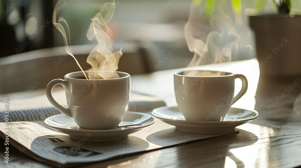 A table displaying two steaming cups of coffee alongside a freshly opened newspaper