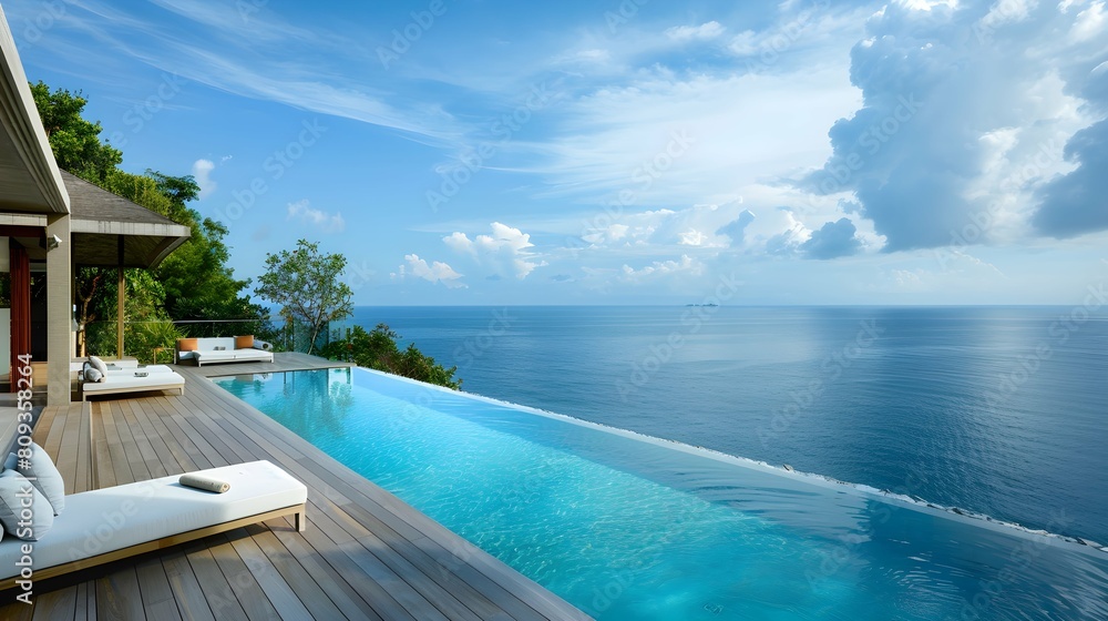 A swimming pool perched on a deck overlooking the vast expanse of the ocean, creating a seamless blend of luxury and nature A swimming pool perched on a deck overlooking the vast expanse of the ocean, creating a seamless blend of luxury and nature