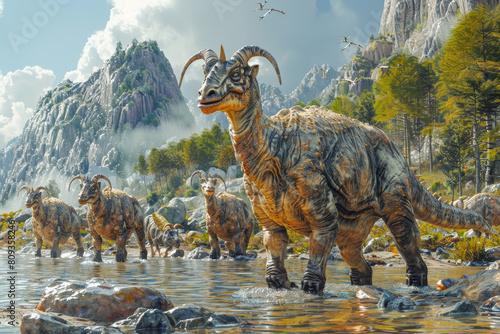 A bizarre Parasaurolophus  with its elongated crest and trumpet-like call  communicating with others in its herd in ancient floodplains. Concept of crested herbivore. Generative Ai.
