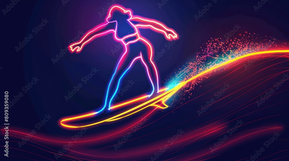 A man is riding a surfboard in a neon blue and pink background