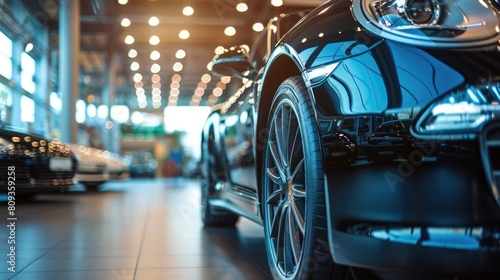 New cars in showroom interior blurred abstract background