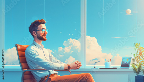A smiling man with glasses sits in a comfortable chair by a large window, looking out at a sunny, cloud-filled sky with a view of the moon. photo
