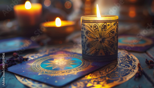 Astrologists : A lit candle in a decorative holder with intricate patterns on a table alongside tarot cards and scattered flower petals, creating a mystical ambiance.