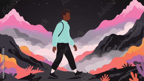 Nature Lover - Lone Adventurer Enjoying Solitude Amidst Journey Through the Forest. Vector Illustration. EPS 10.