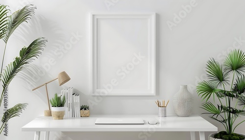 Create a white frame mockup in a serene  minimalist office setting  clean lines and simple decor