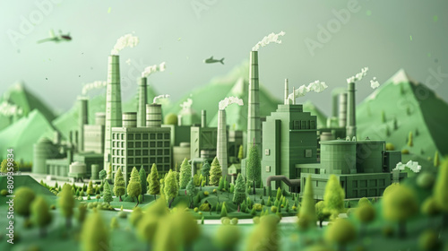 ​BIOECONOMY : A stylized industrial complex with factories and smokestacks surrounded by green forests and hills, with drones or aircraft flying above under a green sky.