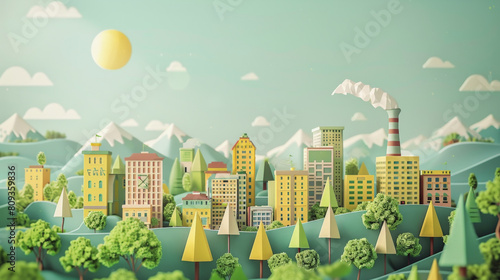 ​BIOECONOMY : Illustration of a stylized city with buildings, trees, mountains in the background, a factory chimney emitting smoke, and a sun in the sky. photo