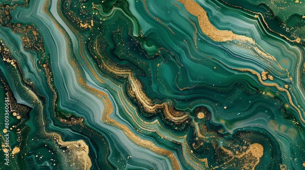 Fototapeta premium Green marble abstract acrylic background. Marbling artwork texture. Agate ripple pattern. Gold powder.