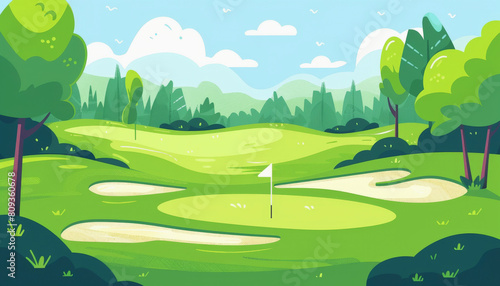 A stylized illustration of a vibrant golf course with green fairways  sand bunkers  a flagstick on the green  trees  and a cheerful blue sky background.